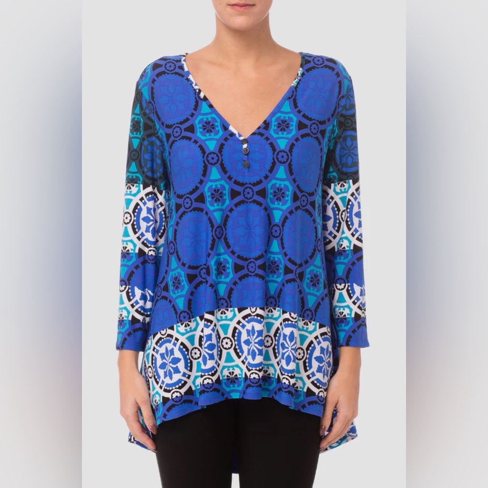 Joseph Ribkoff Blue & White Geometric V-Neck Tunic